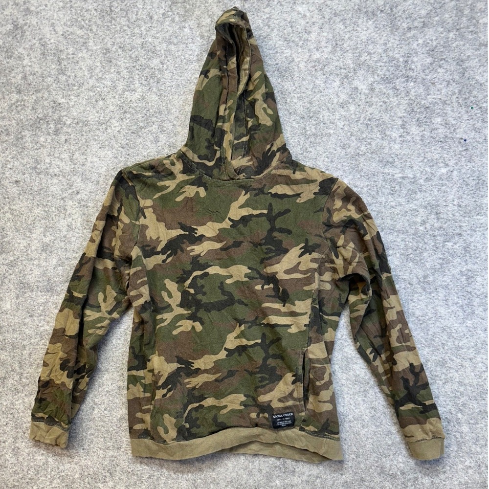 Cotton On Hoodie Mens Small Green Camo Social Order Patch Pullover